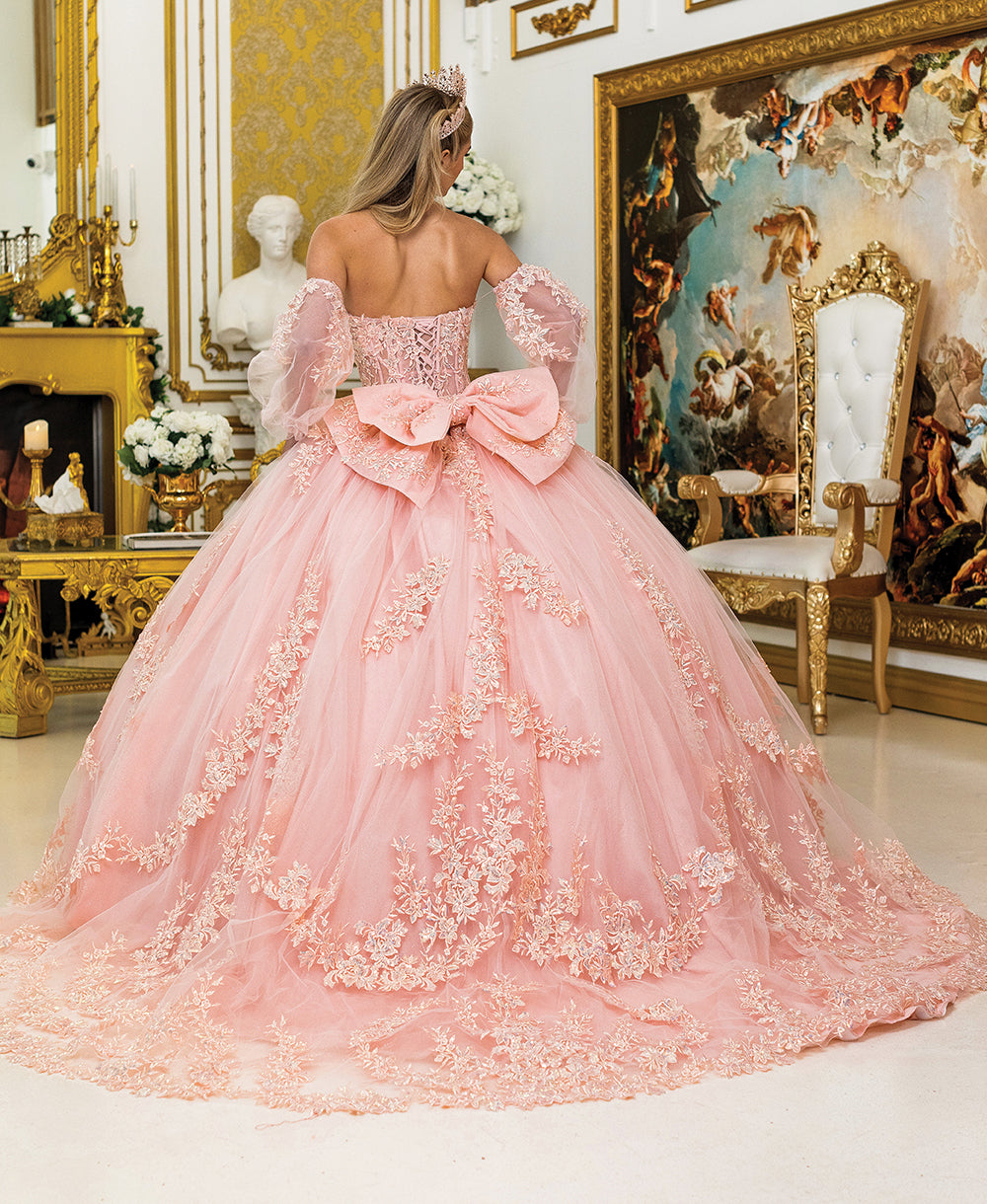 Quinceañera | Blush Off-Shoulder Floral with Appliqués Detachable Sheer Sleeves and Cape Quince Ball Gown | Xaviera dress back view