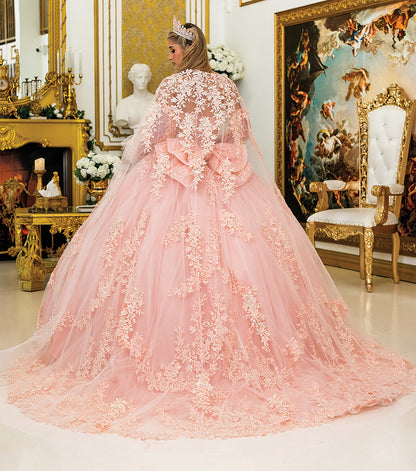 Quinceañera | Blush Off-Shoulder Floral with Appliqués Detachable Sheer Sleeves and Cape Quince Ball Gown | Xaviera dress with cape