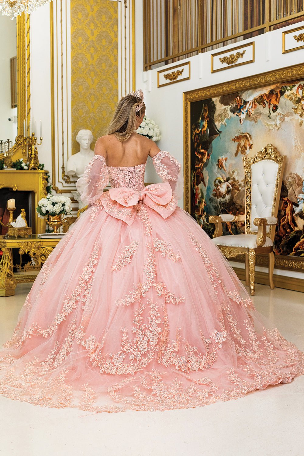 Blush Quinceañera Dress Off-Shoulder Floral Detachable Sleeves Cape L / Blush
