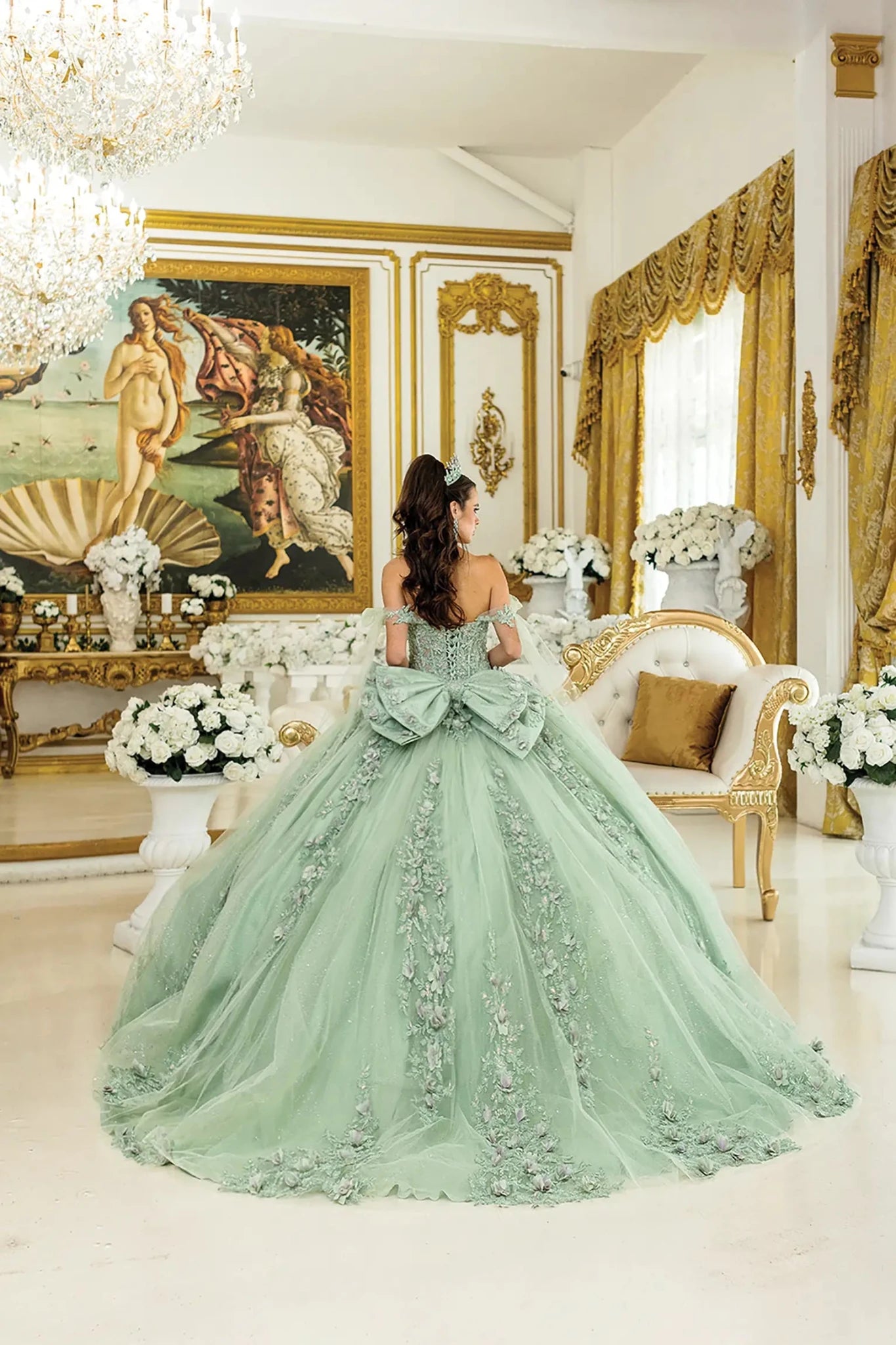 Sage Quinceañera Dress Off-Shoulder Floral Appliques Tulle Skirt M / Sage