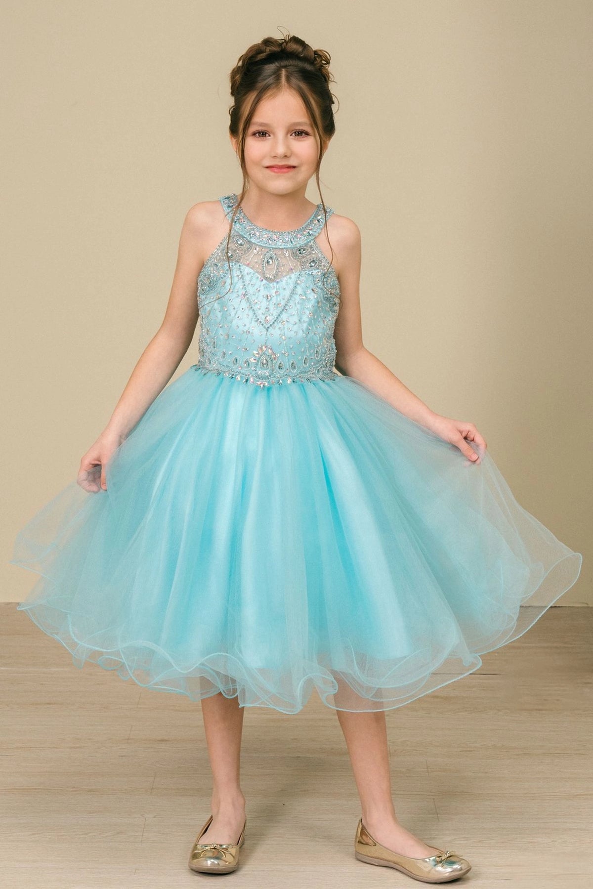 Showcasing with crystal beading across the bodice, this Aqua kids party dress displays elegant detail.