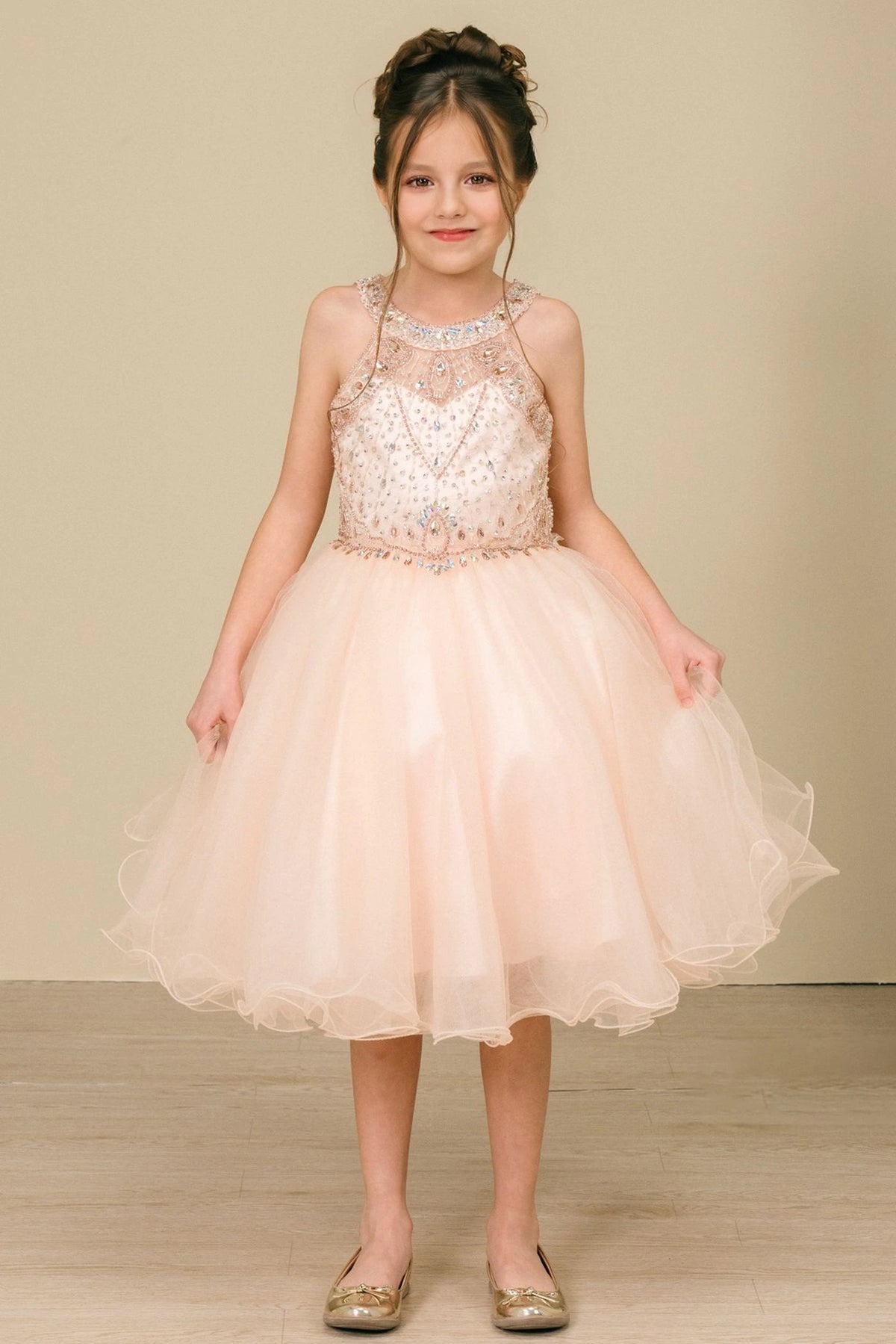 Showcasing with crystal beading across the bodice, this Blush kids party dress displays elegant detail.