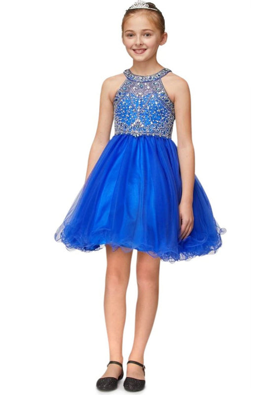Showcasing with crystal beading across the bodice, this Royal Blue kids party dress displays elegant detail.