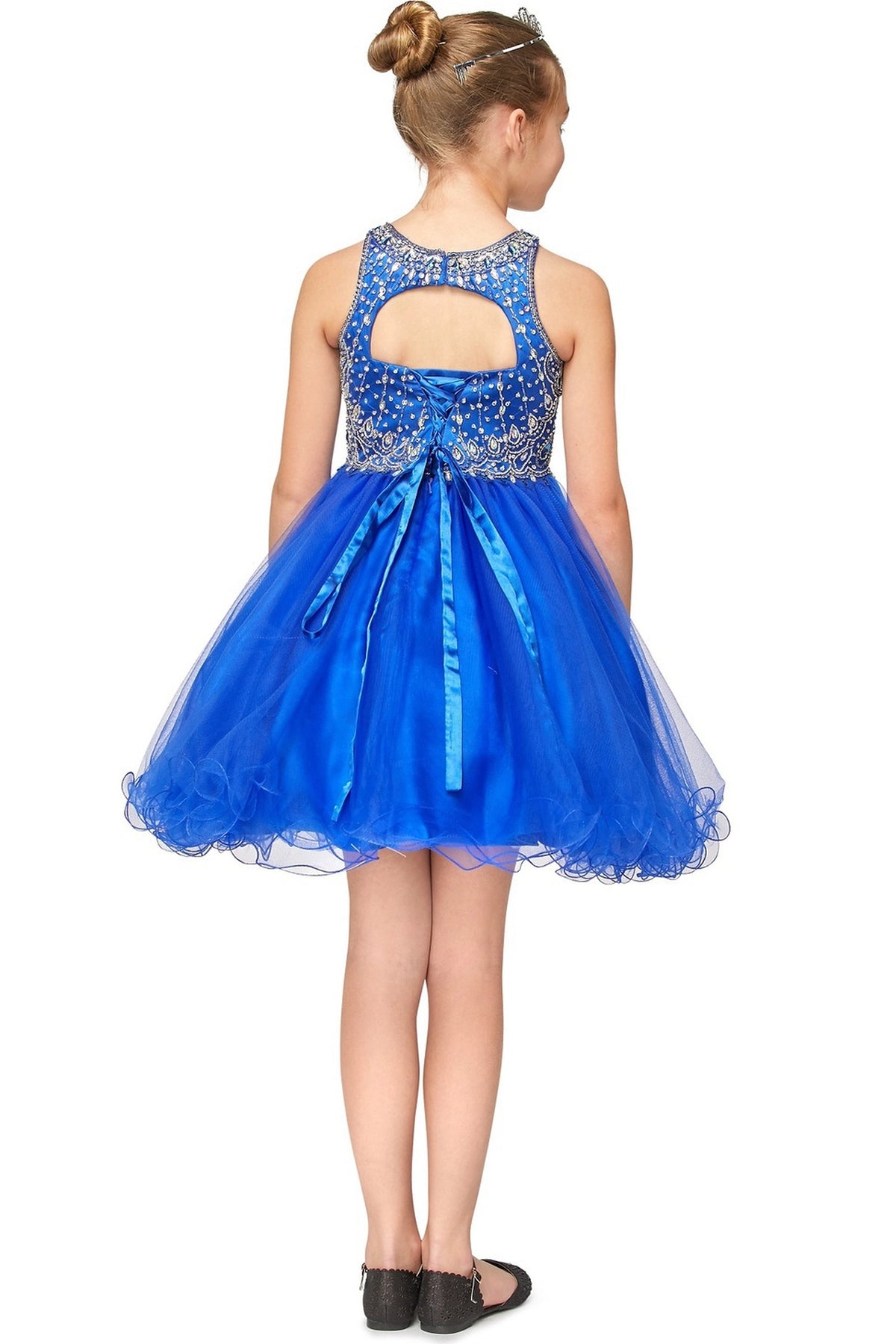Finished details of a beaded keyhole back distinguish the Royal Blue kids party dress.