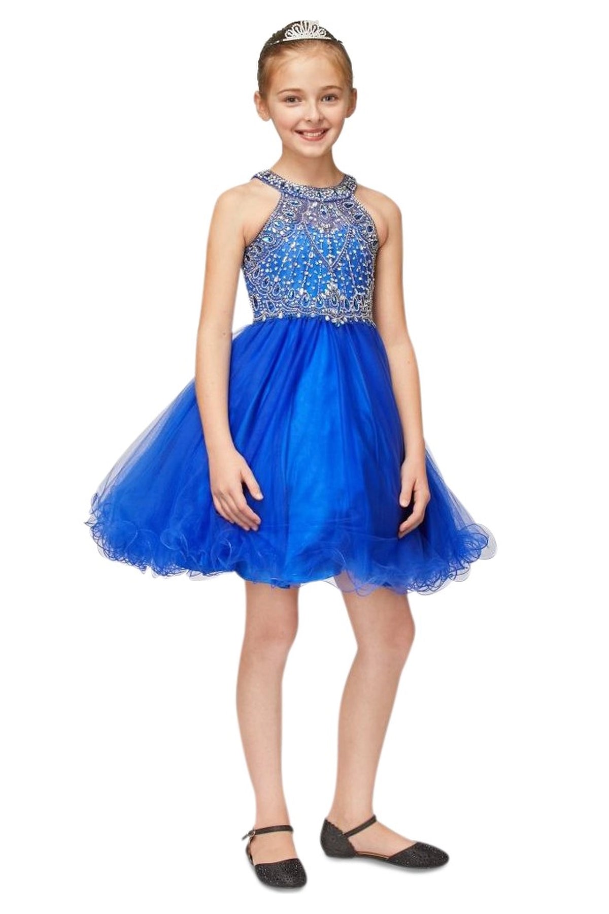 Detailed by crystal beading across the bodice, the Royal Blue kids party dress reveals its construction.