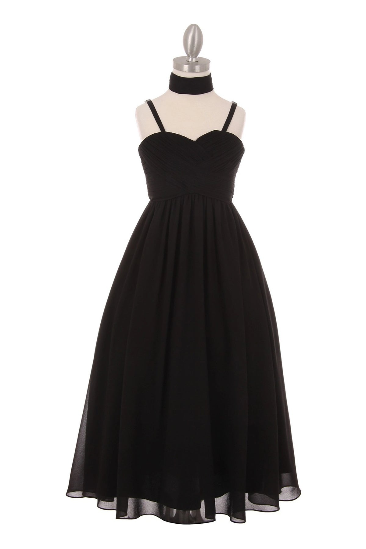 Spaghetti straps frame the sweetheart neckline of this Black kids party dress.