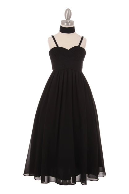 Spaghetti straps frame the sweetheart neckline of this Black kids party dress.