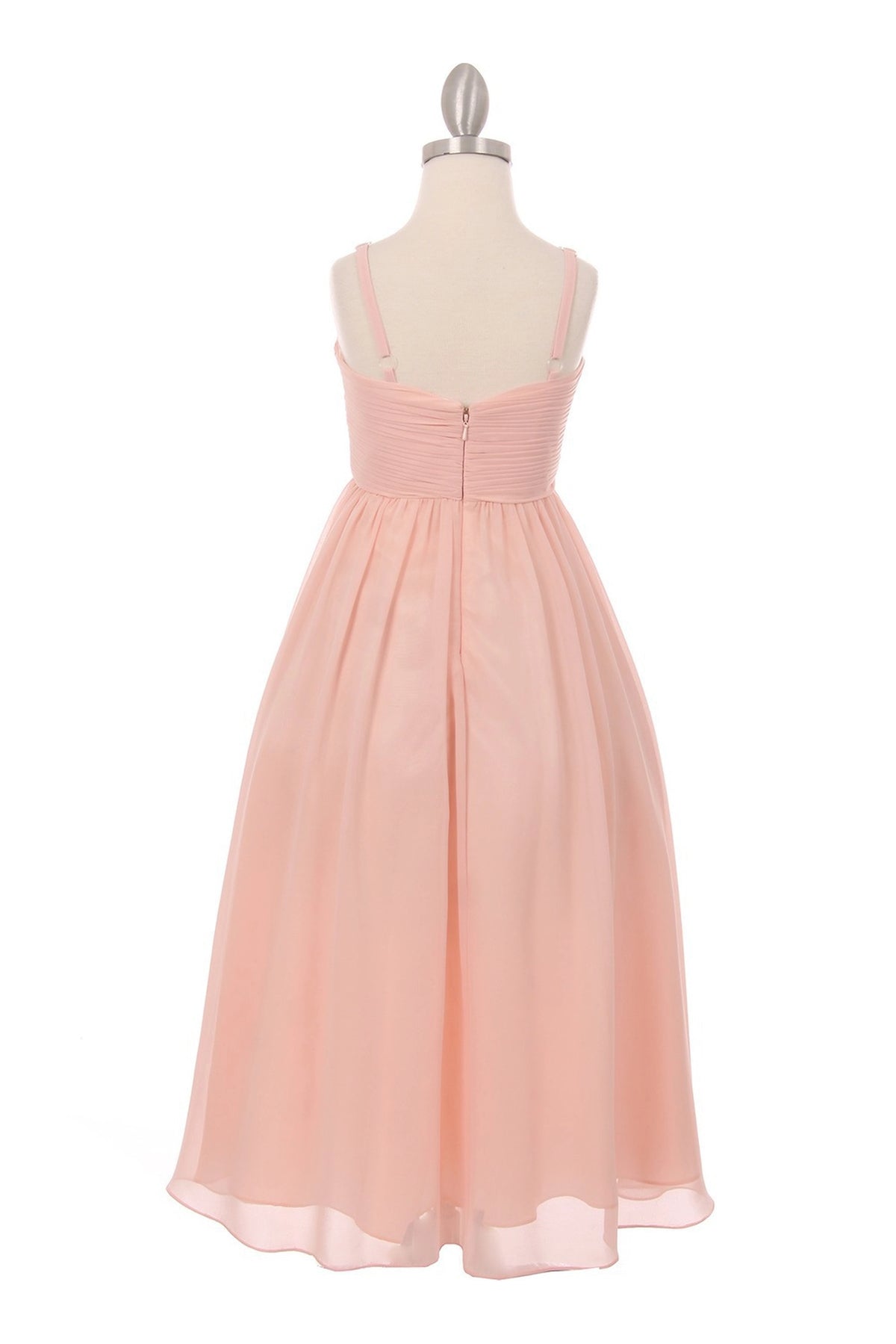 Zipper closure and slender straps finish the Blush kids party dress at the back.