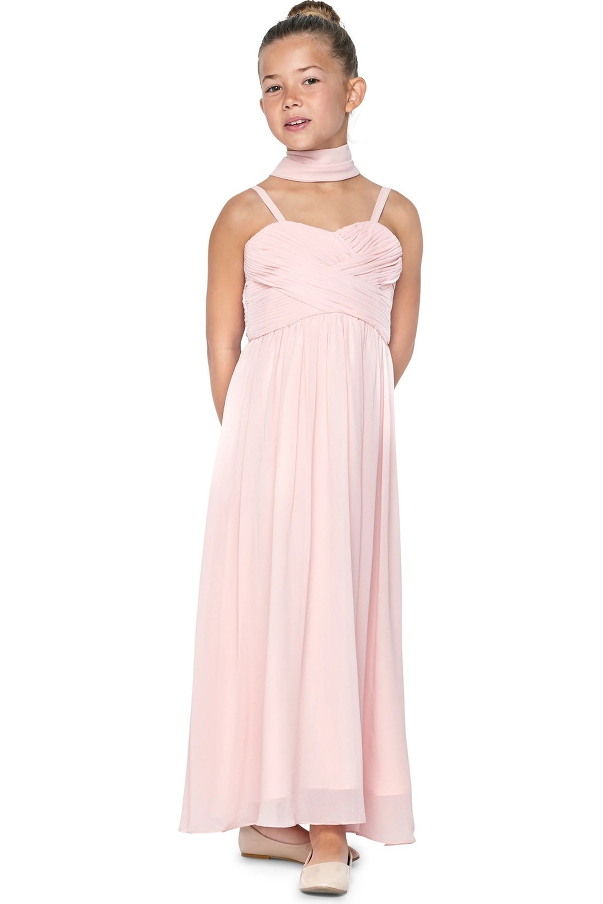 Blush kids party dress with a pleated sweetheart bodice and long chiffon skirt.