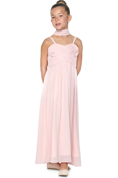 Blush kids party dress with a pleated sweetheart bodice and long chiffon skirt.