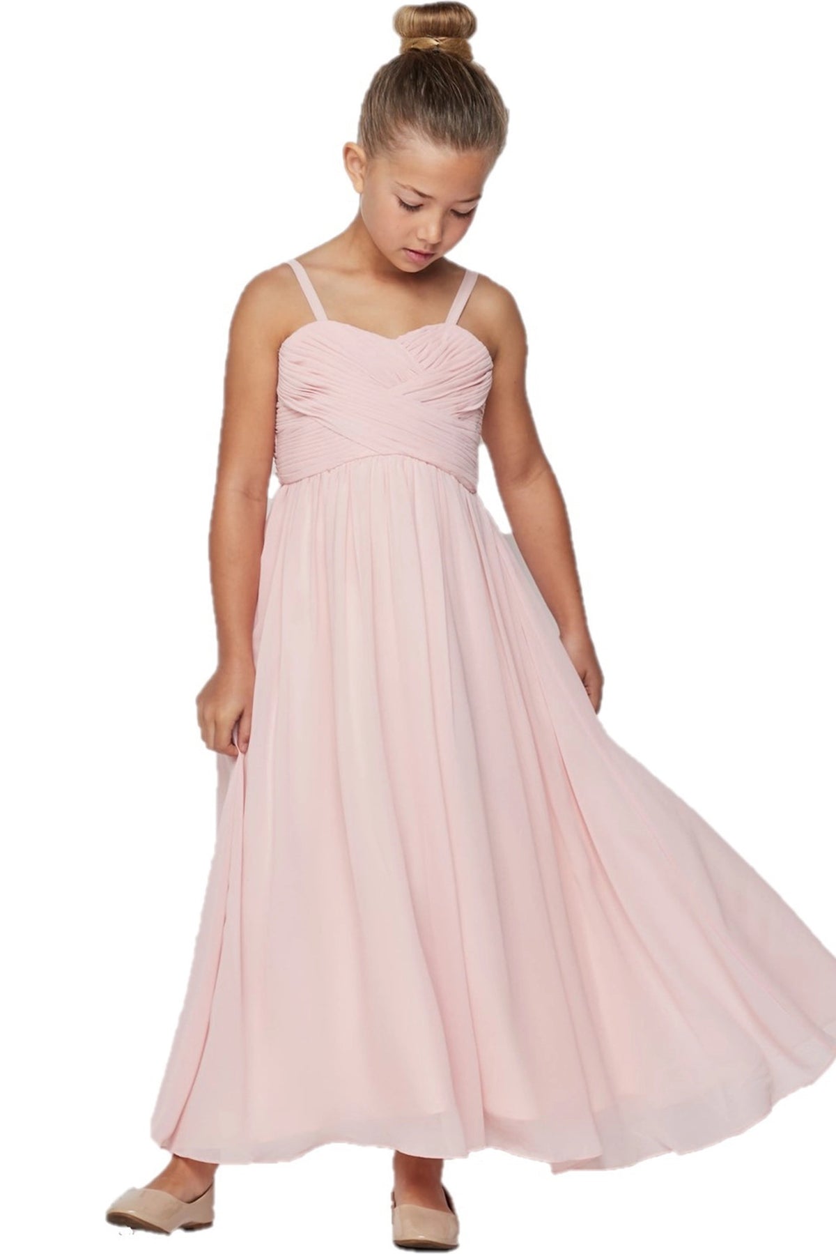Flowing chiffon panels give this Blush kids party dress a full sweeping hem.