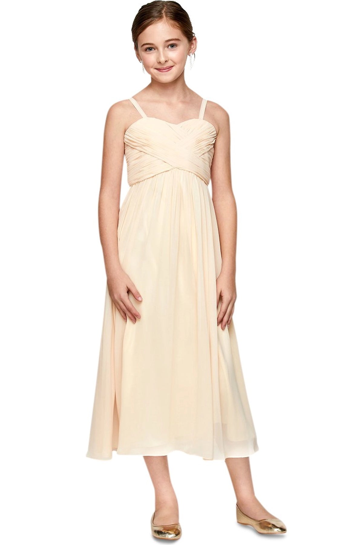 Champagne kids party dress with a crossover bodice and soft chiffon skirt.
