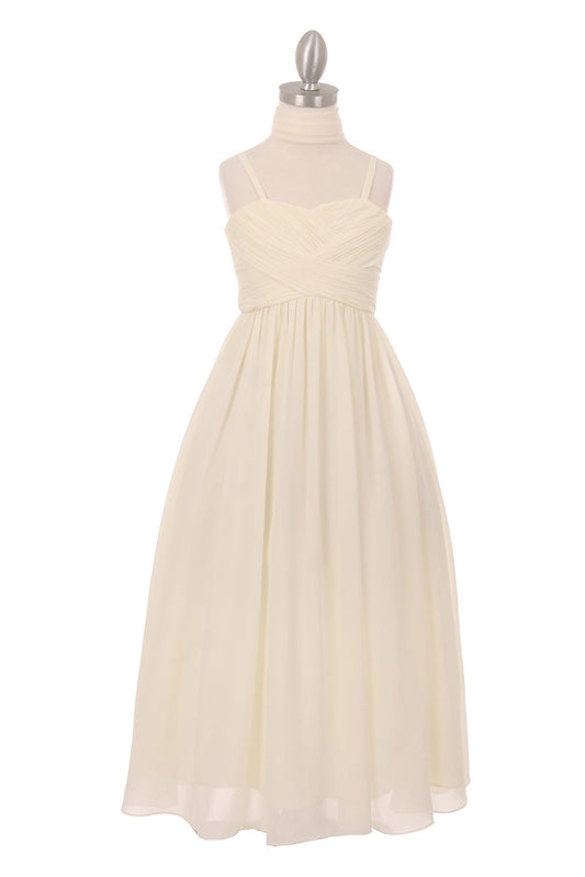 Ivory kids party dress with spaghetti straps and a pleated sweetheart neckline.