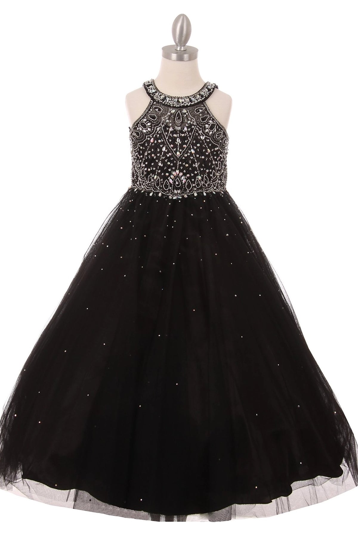 Showcasing an embellished halter neckline and layered tulle skirt on the Black mini quince dress.