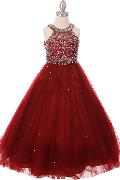 Details of this Burgundy mini quince dress include a jeweled halter neckline and layered tulle skirt.