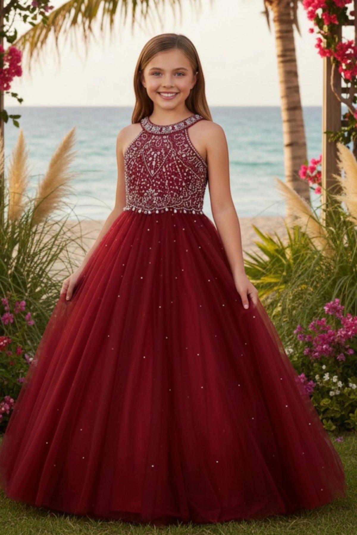 Burgundy mini quince dress with a rhinestone halter bodice and full skirt.