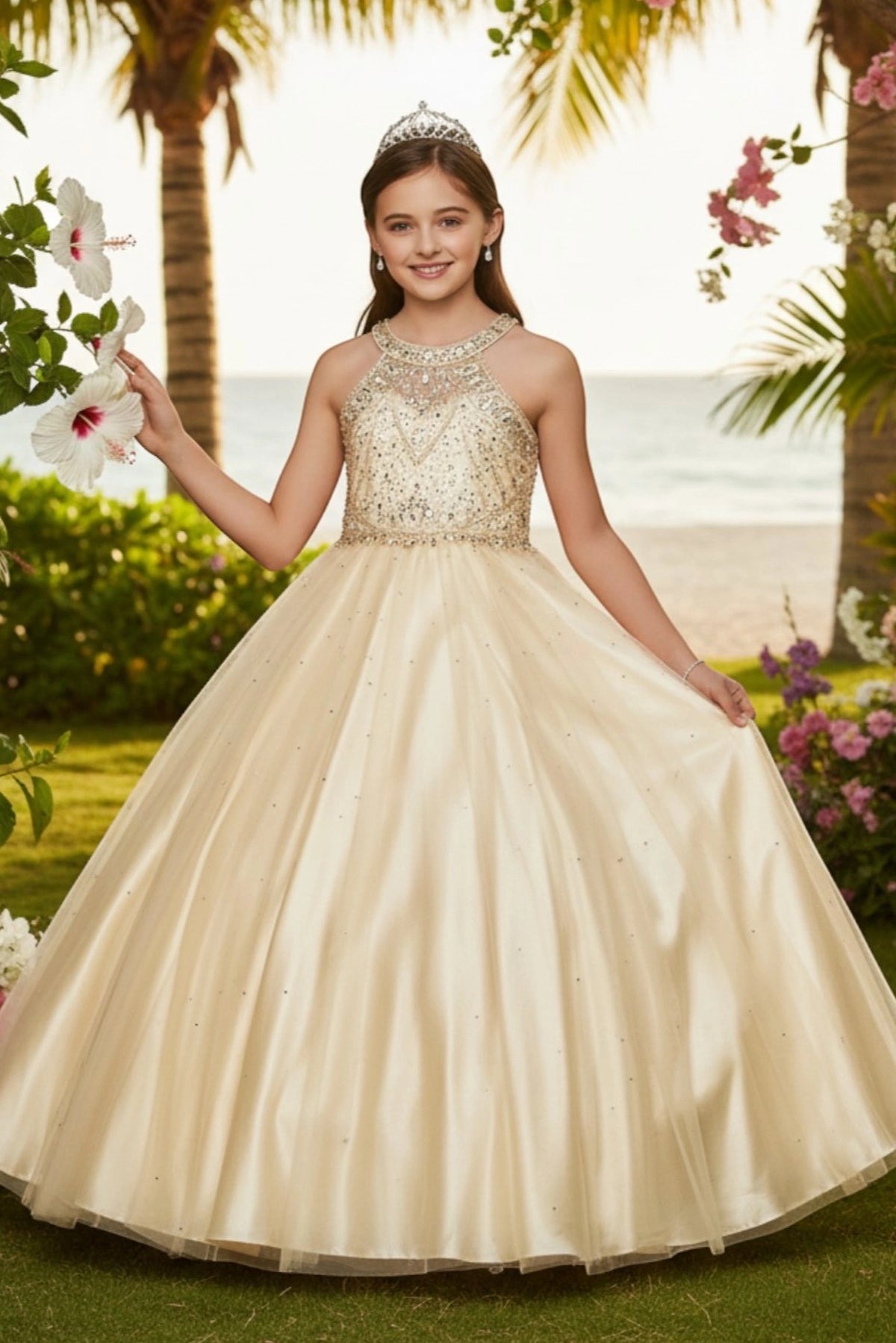 Champagne mini quince dress with a beaded halter bodice and gathered skirt.