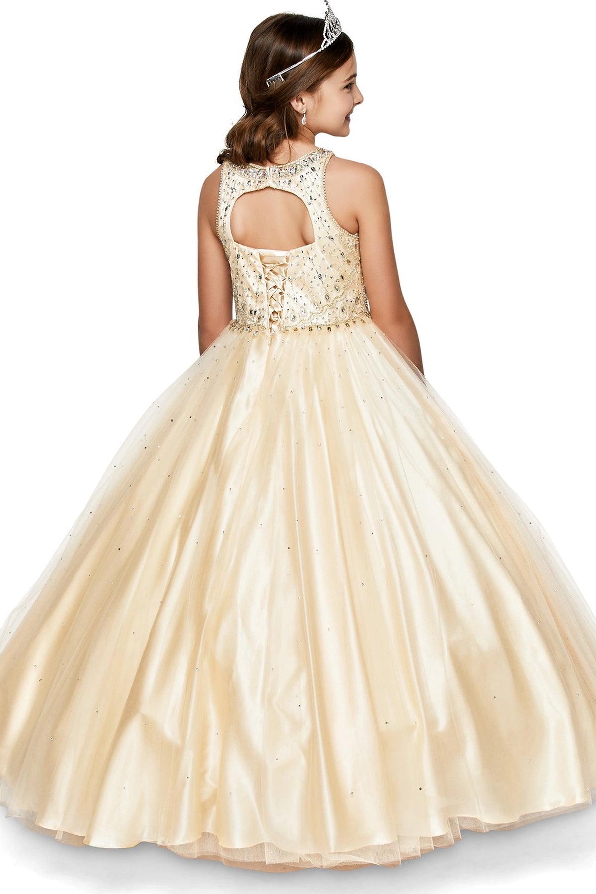 Details of this Champagne mini quince dress include a keyhole upper back and satin lacing.