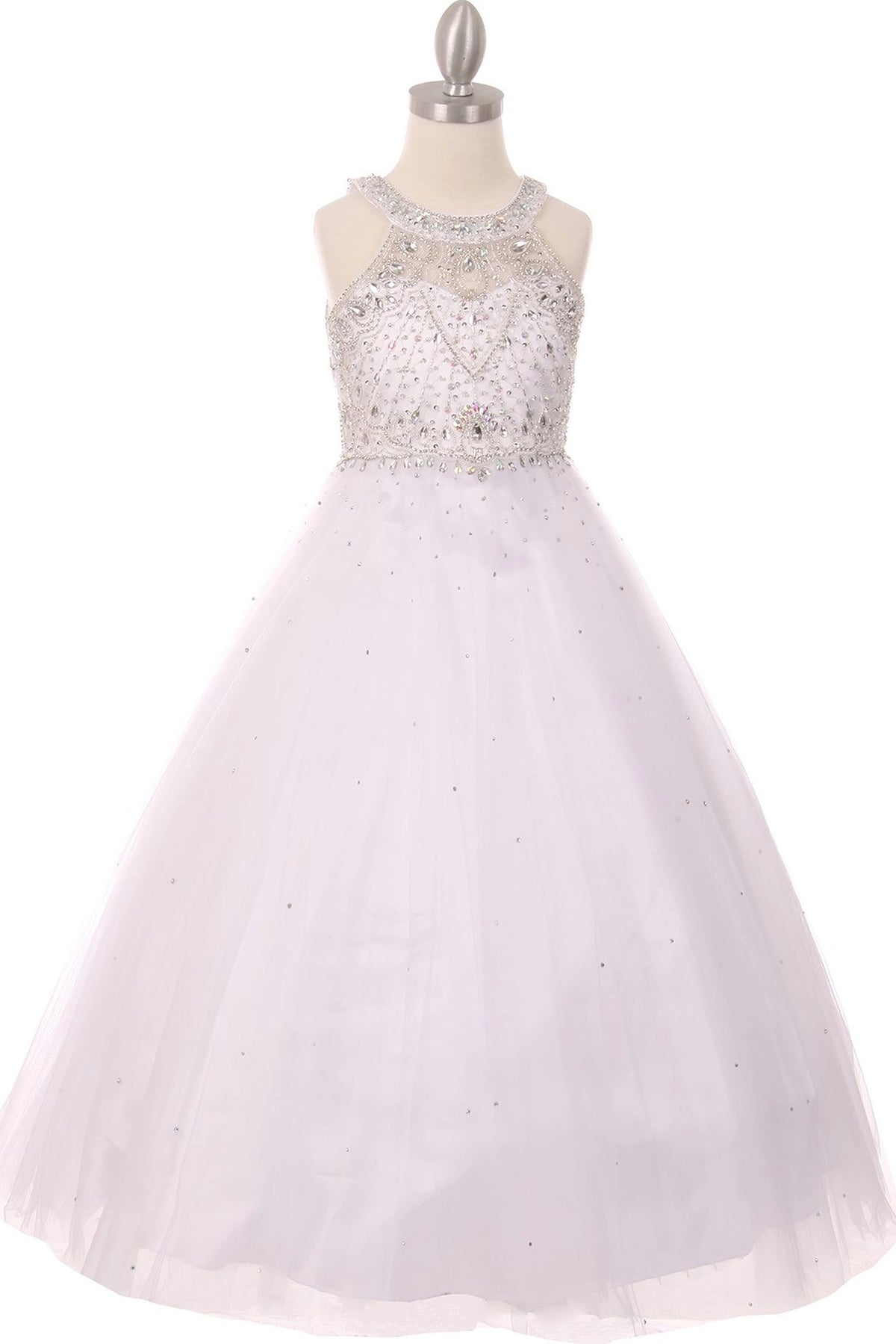 Details of this White mini quince dress include a jeweled neckline and gathered tulle skirt.