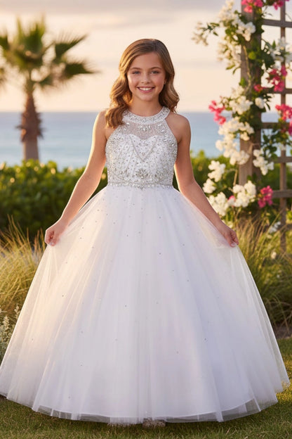 White mini quince dress with a beaded halter bodice and full tulle skirt.