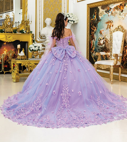 Quinceañera | Ombre Lilac Ballgown with Off-the-Shoulder Sleeves and Glitter Tulle Skirt | Azucena dress back view
