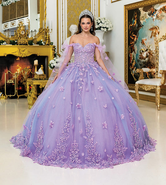 Quinceañera | Ombre Lilac Ballgown with Off-the-Shoulder Sleeves and Glitter Tulle Skirt | Azucena dress front view