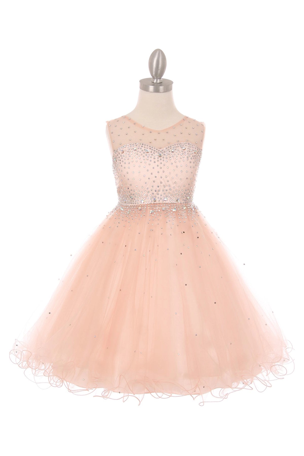 Showcasing with a rhinestone-covered bodice, this Blush kids party dress displays elegant detail.