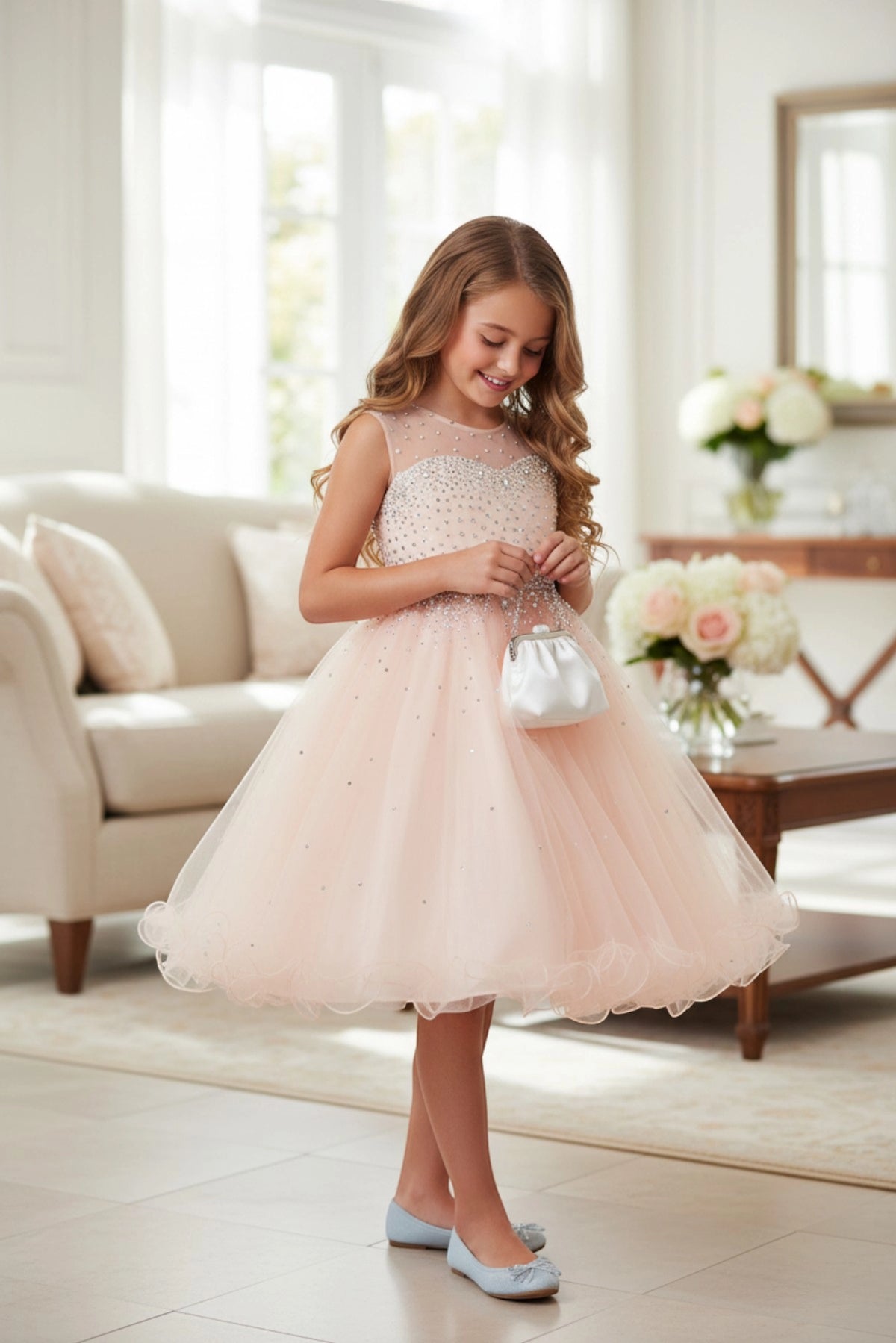 Finished details of a layered tulle skirt distinguish the Blush kids party dress.
