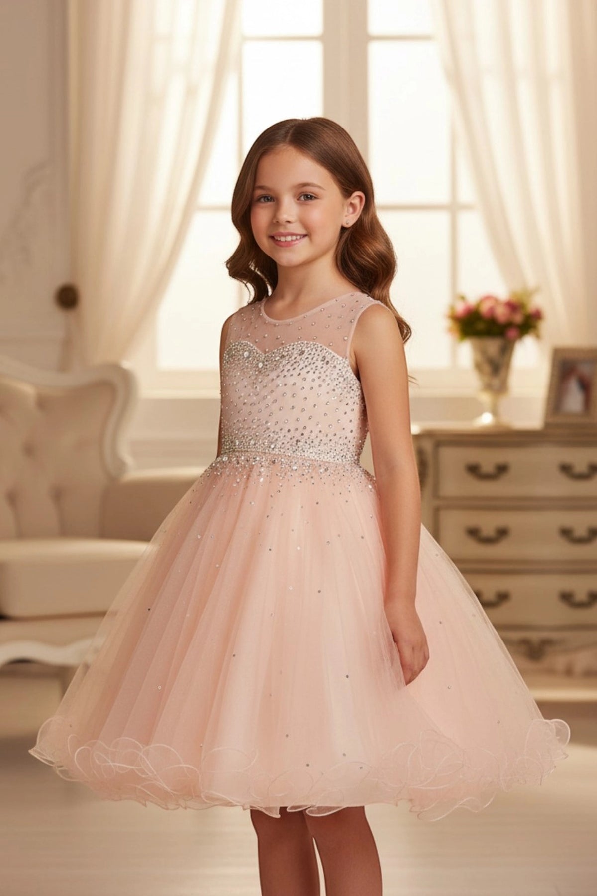 Detailed by a rhinestone-covered bodice, the Blush kids party dress reveals its construction.