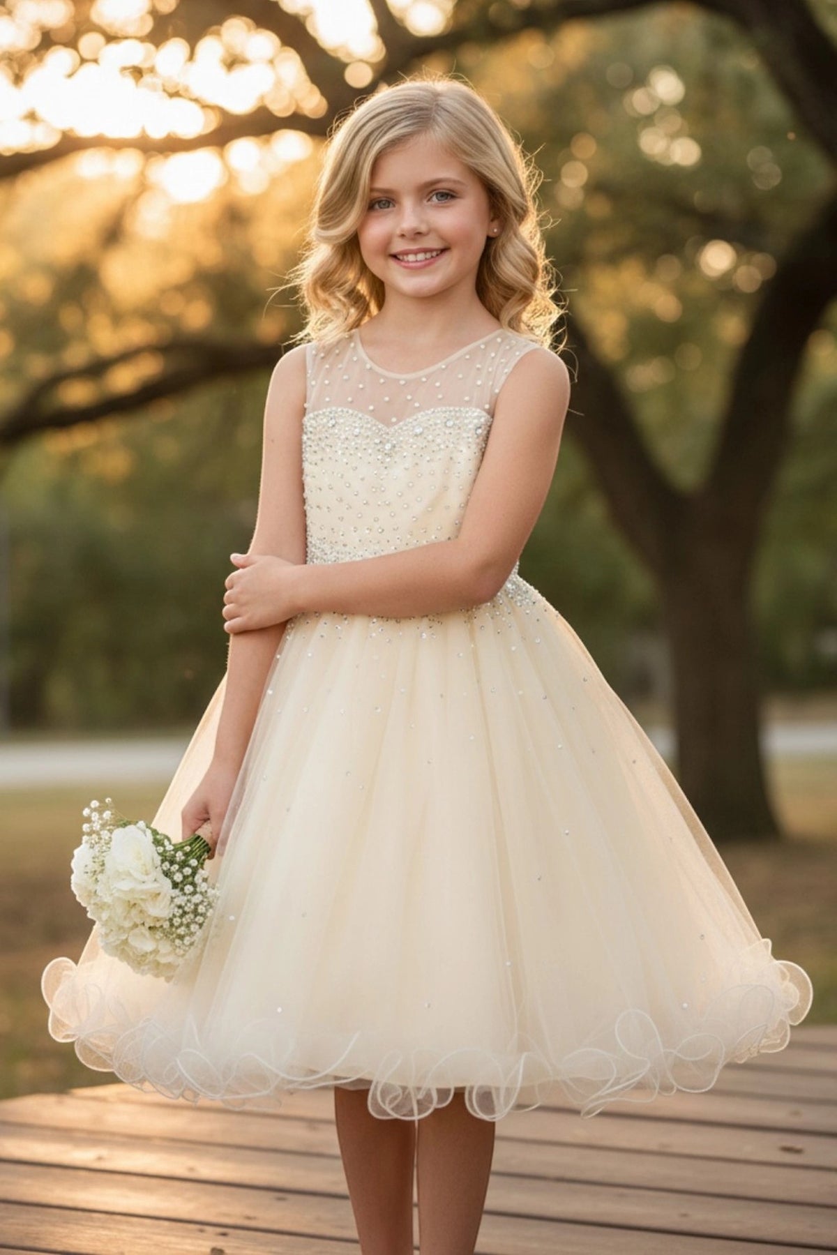 Finished details of a layered tulle skirt distinguish the Champagne kids party dress.
