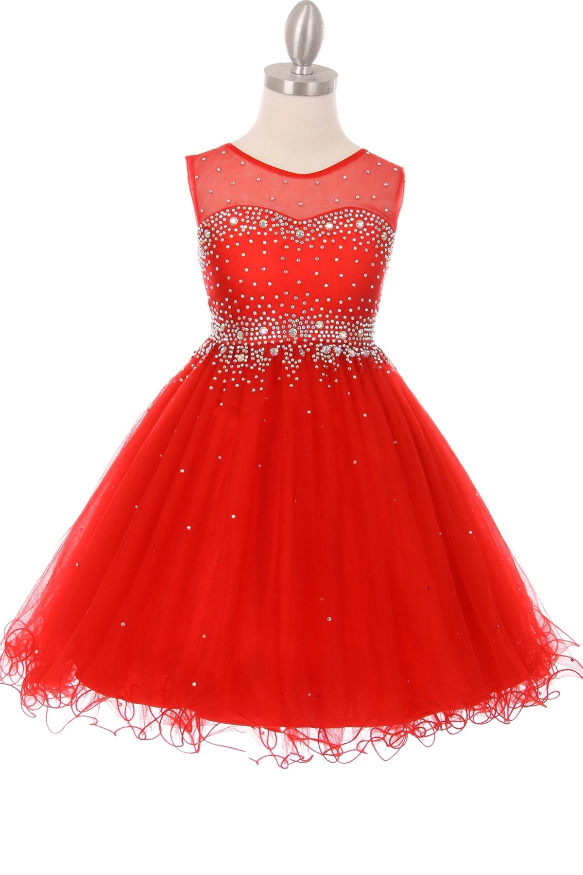 Showcasing with a rhinestone-covered bodice, this Red kids party dress displays elegant detail.