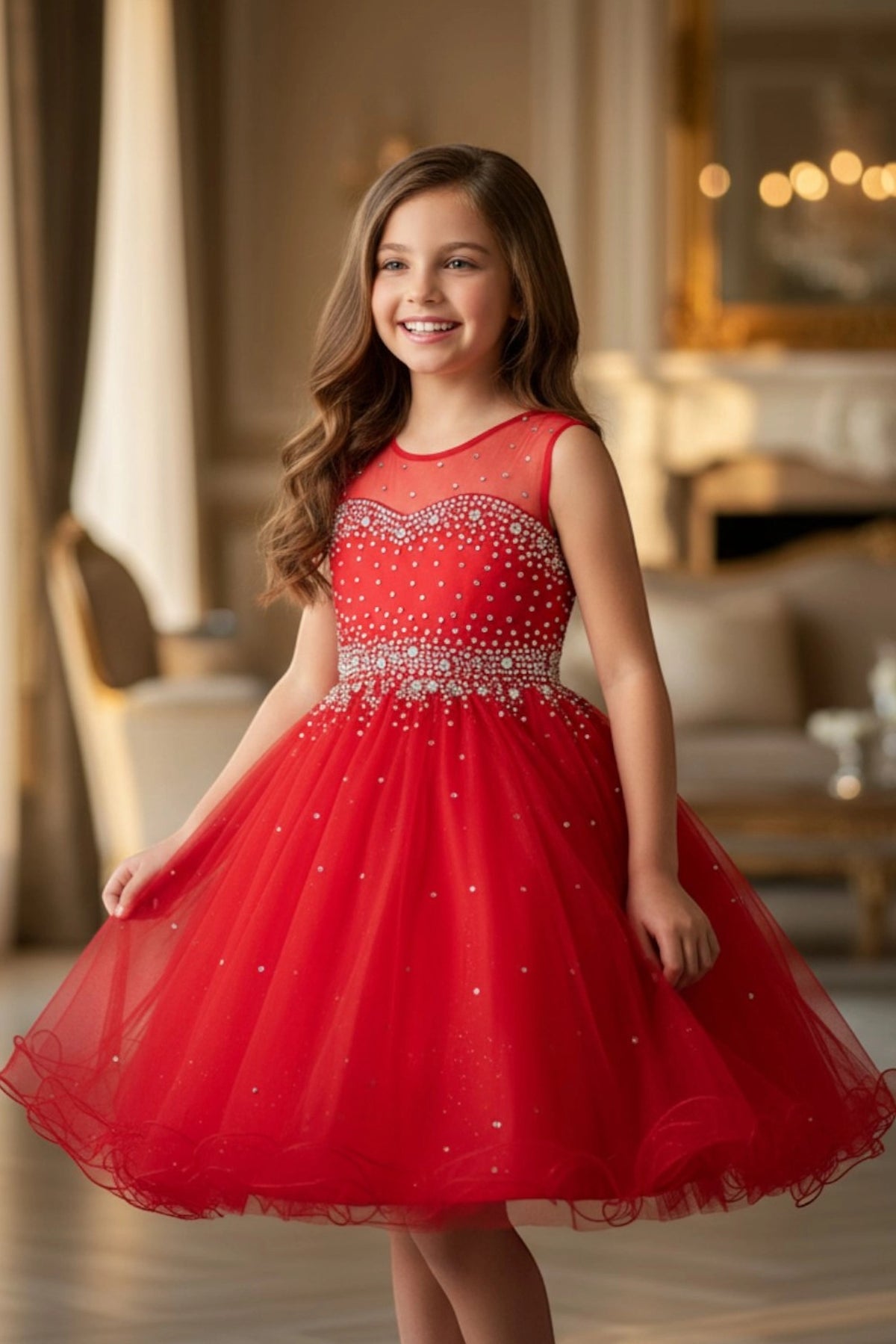 Finished details of a layered tulle skirt distinguish the Red kids party dress.