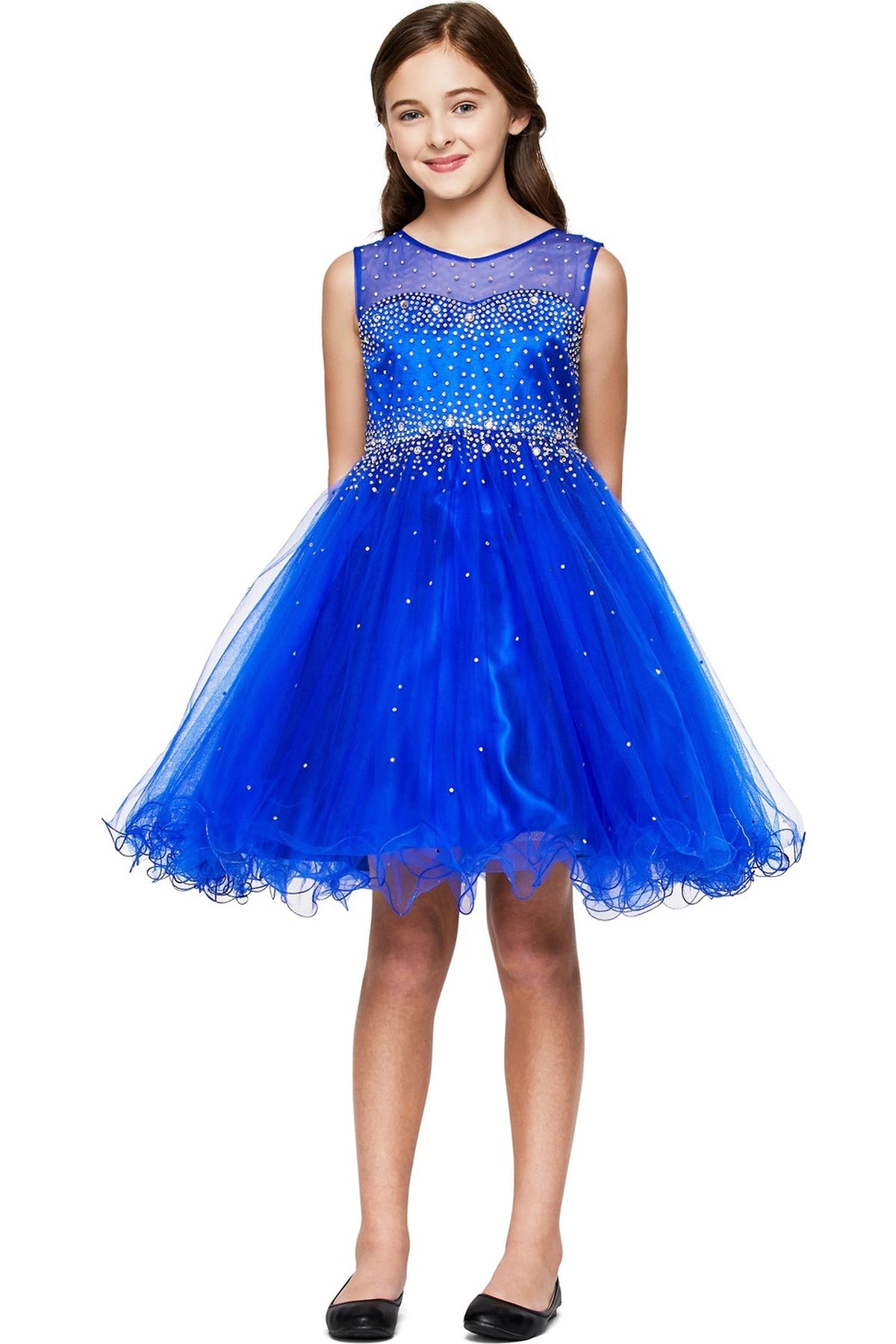 Detailed by a layered tulle skirt, the Royal Blue kids party dress reveals its construction.