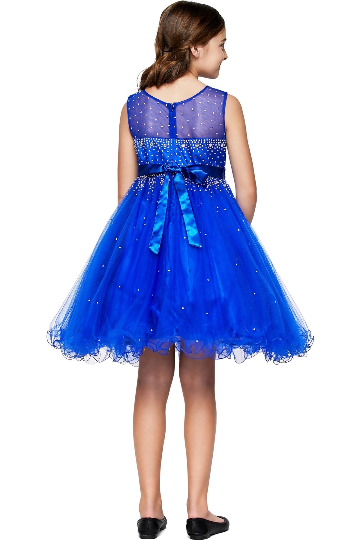 Finished details of a back bow and sheer tulle hem distinguish the Royal Blue kids party dress.
