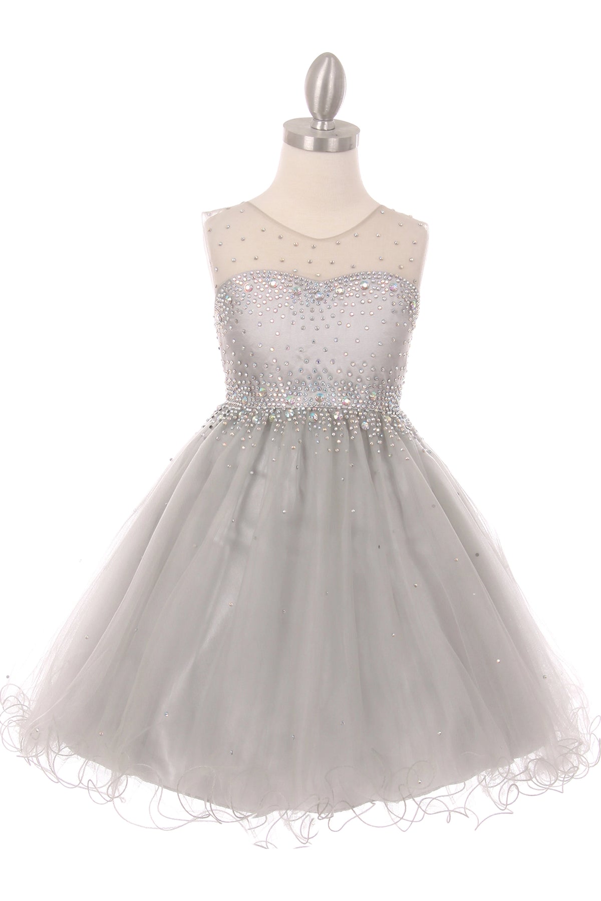 Showcasing with a rhinestone-covered bodice, this Silver kids party dress displays elegant detail.