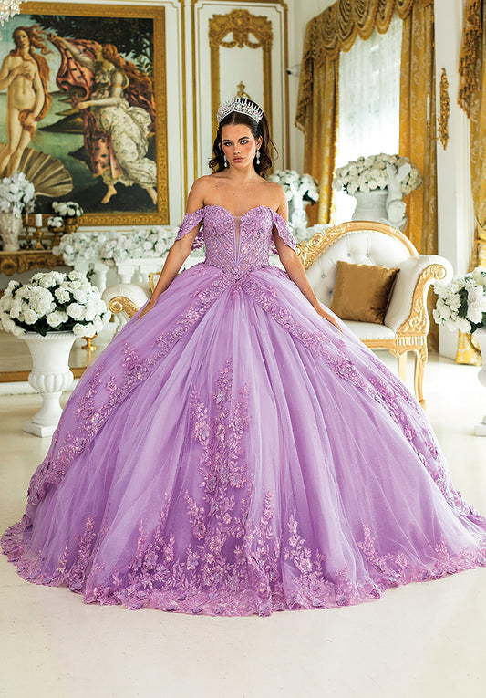 Quinceañera | Lilac Floral Lace Ball Gown with Glitter Embroidery for Sweet 15 | Ernestina dress