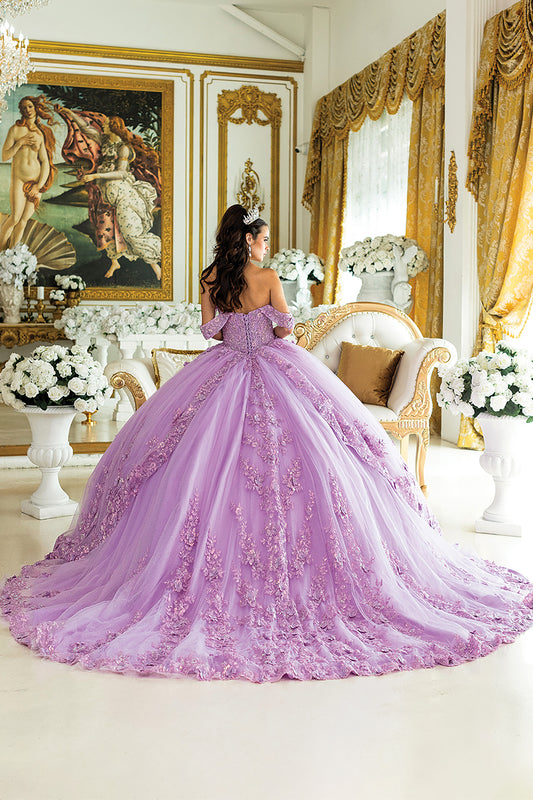 Quinceañera | Lilac Floral Lace Ball Gown with Glitter Embroidery for Sweet 15 | Ernestina dress back view