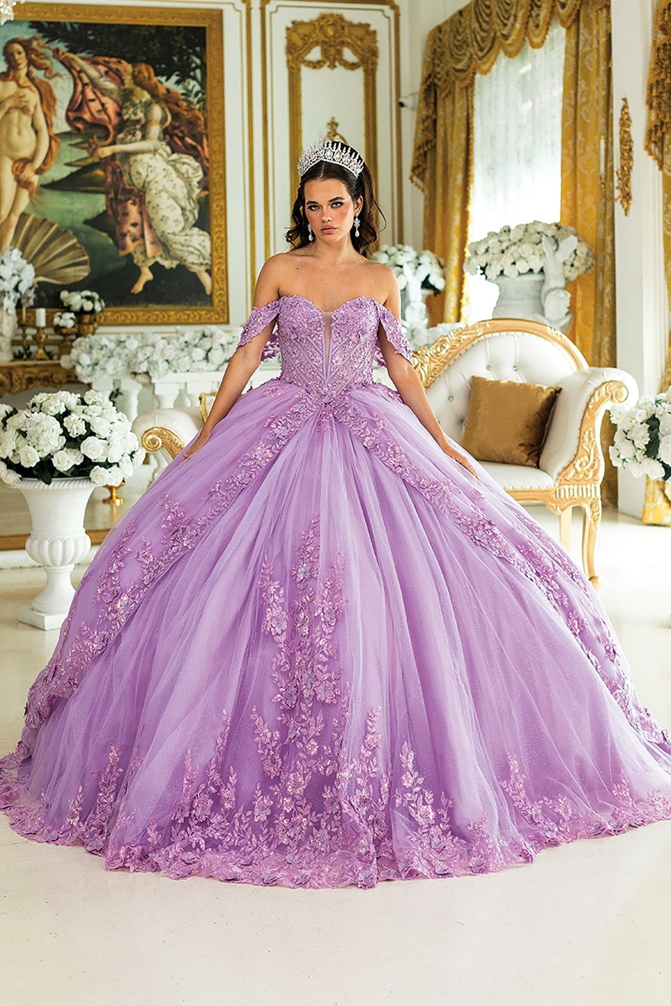 Quinceañera | Lilac Floral Lace Ball Gown with Glitter Embroidery for Sweet 15 | Ernestina dress