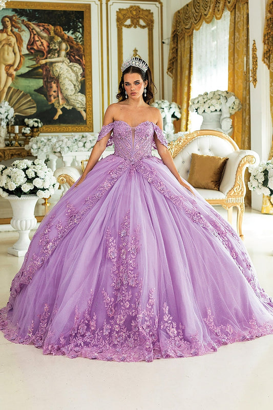 Quinceañera | Lilac Floral Lace Ball Gown with Glitter Embroidery for Sweet 15 | Ernestina dress