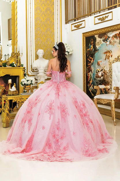 Woman standing back-facing in pink quinceañera ball gown with lace-up corset bodice, off-shoulder sleeves, floral embroidery, and flowing sparkling tulle skirt with train