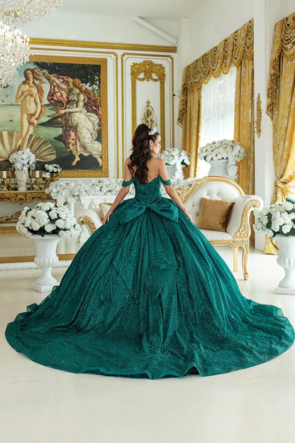 Hunter green quinceanera ball gown back view showing lace up corset back, oversized bow detail, dramatic full skirt, and sweeping train