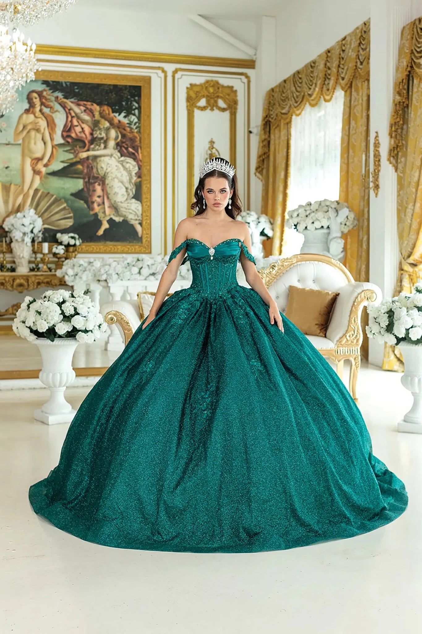 Hunter green quinceanera ball gown front view featuring off the shoulder sweetheart corset bodice, shimmering textured fabric, structured waistline, and full voluminous ball gown skirt