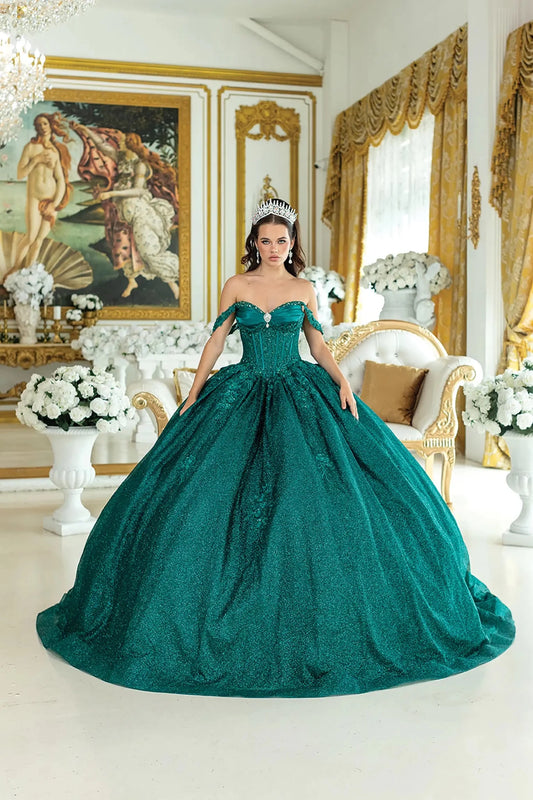 Hunter green quinceanera ball gown front view featuring off the shoulder sweetheart corset bodice, shimmering textured fabric, structured waistline, and full voluminous ball gown skirt