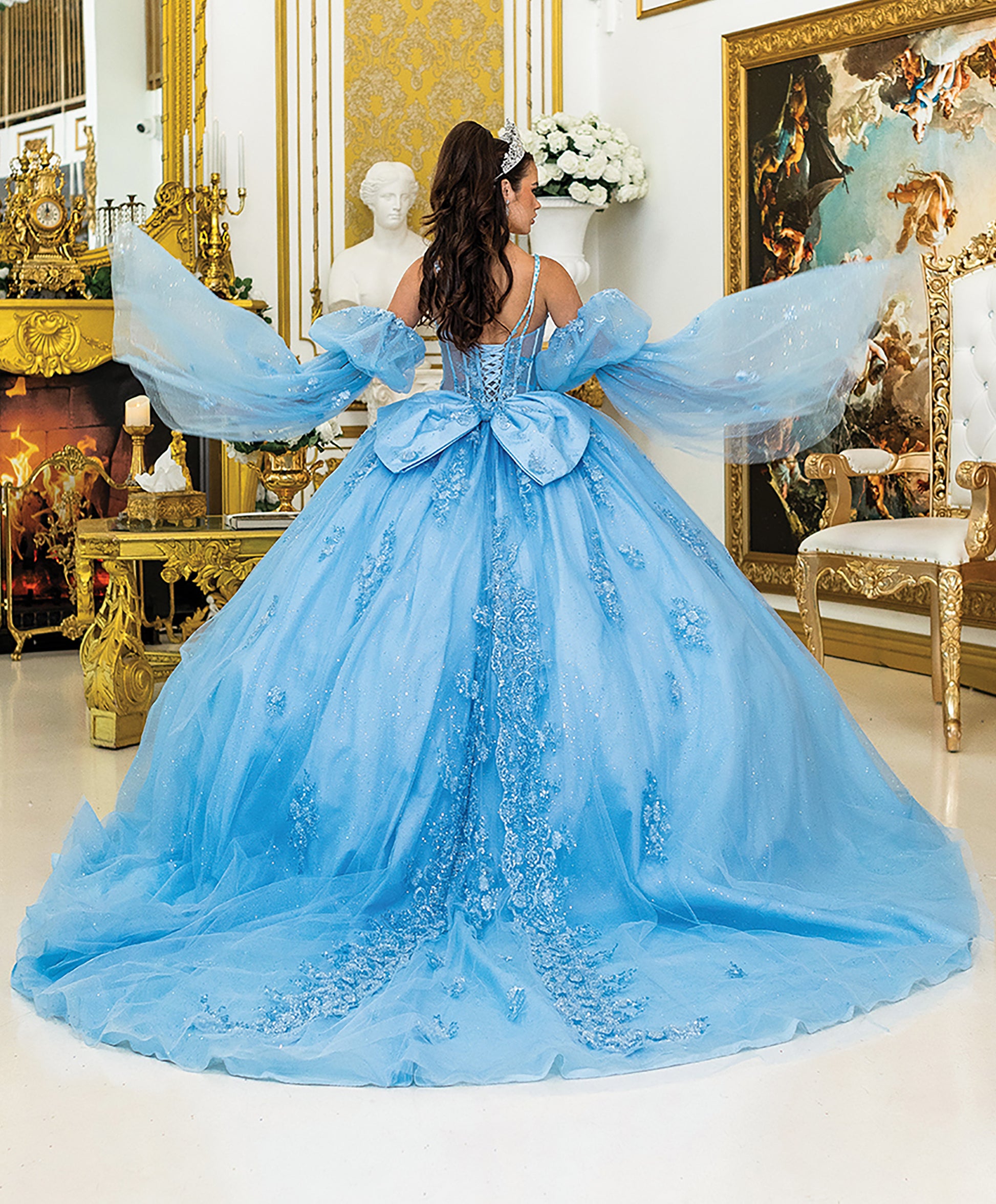 Back view of a woman wearing bahama blue quinceañera, lace-up, sweetheart neckline, puff sleeves and floral appliques