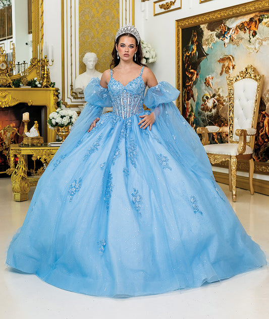 Front view of a woman wearing bahama blue quinceañera, sweetheart corset, puff sleeves, floral and glitter tulle skirt