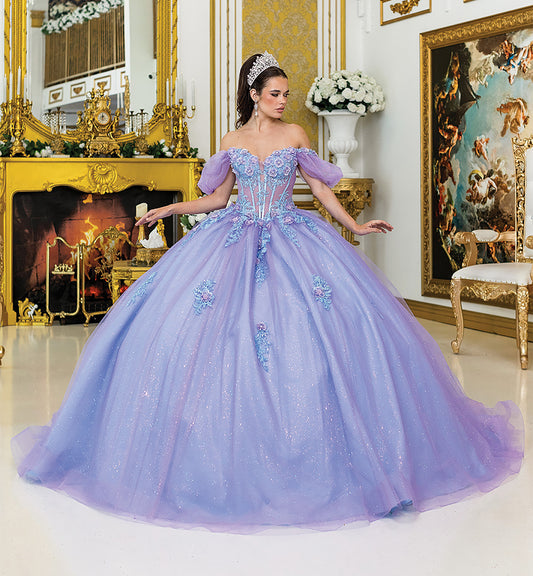 Quinceañera | Ombre Lilac Ball Gown with Off-the-Shoulder Puff Sleeves and Glitter Tulle Skirt | Magnolia dressfront