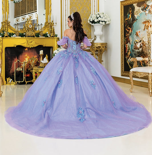Quinceañera | Ombre Lilac Ball Gown with Off-the-Shoulder Puff Sleeves and Glitter Tulle Skirt | Magnolia dress back