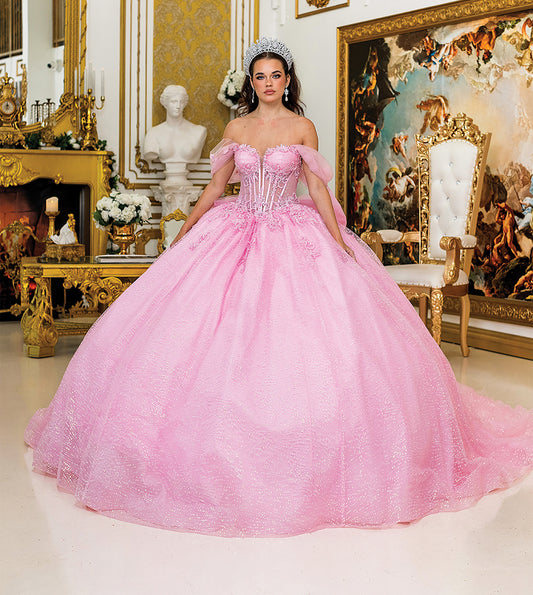 Quinceañera | Pink Ball Gown with Off-the-Shoulder Sheer Puff Sleeves and Glitter Tulle Skirt | Mariposa dress front