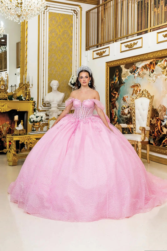 Woman standing front-facing in pink quinceañera ball gown with corset bodice, off-shoulder sheer puff sleeves, 3D floral appliqués, and voluminous glitter tulle skirt