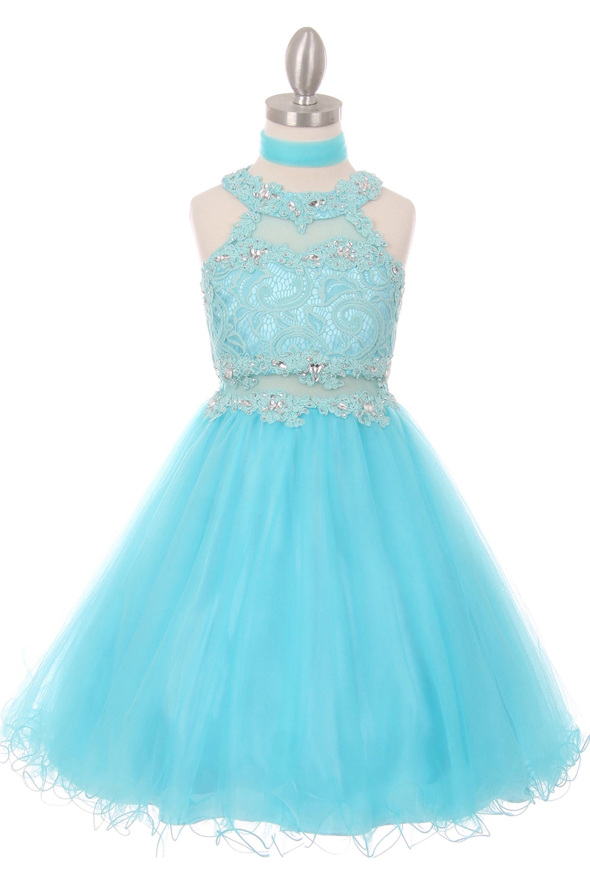 A Aqua kids dress with halter neckline with lace bodice.